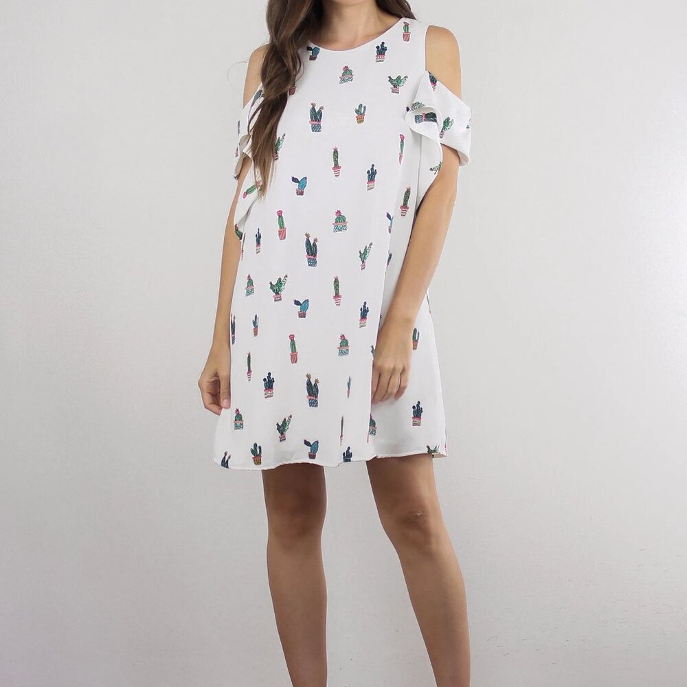DO + BE Size Large White Desert Cactus Print Mini Cold  Shoulder Dress